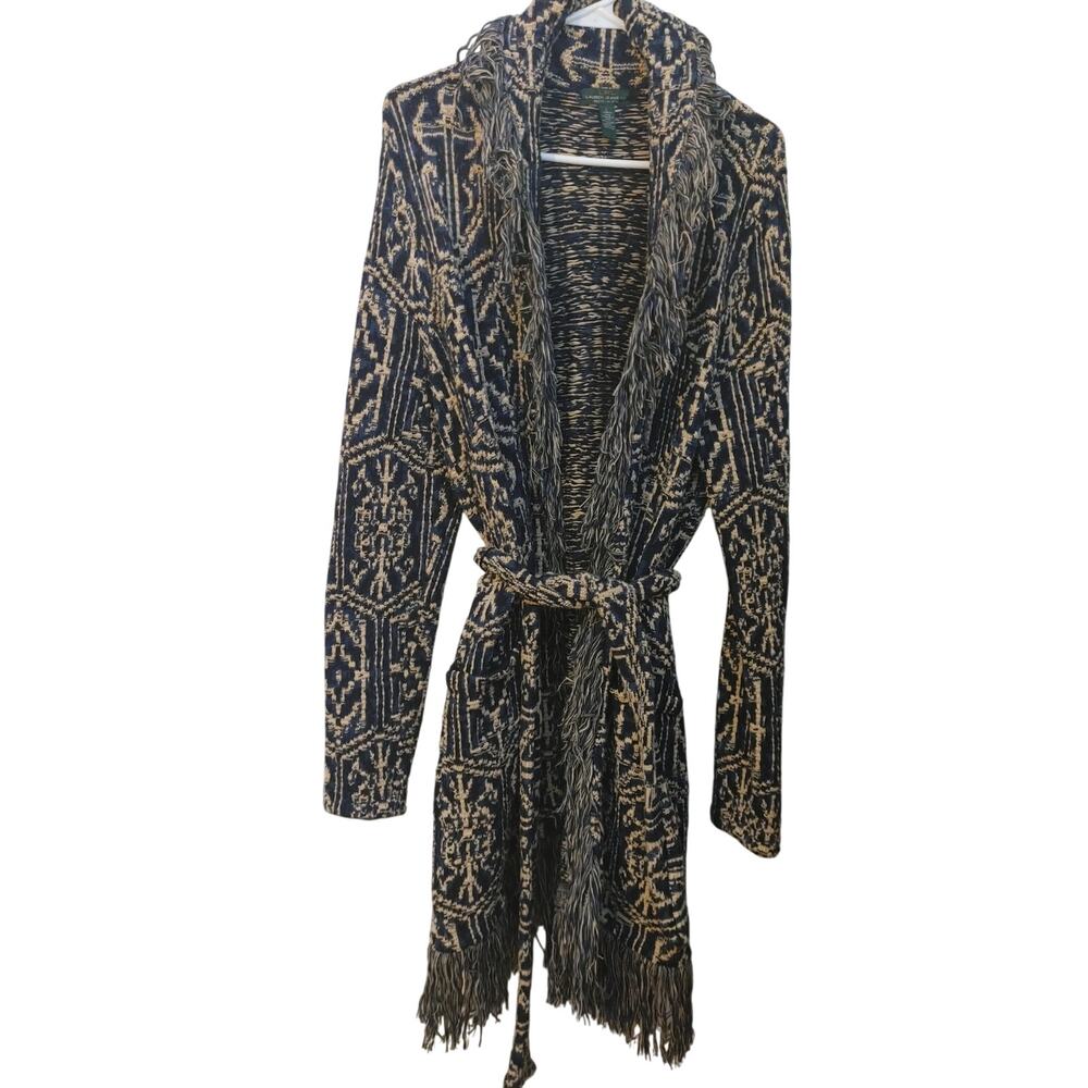 Lauren Ralph Lauren Belted Sweater Cardigan Geometric Aztec Large Fringe